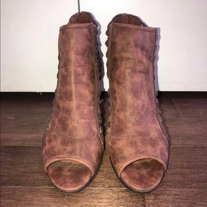 Brown leather cutout booties